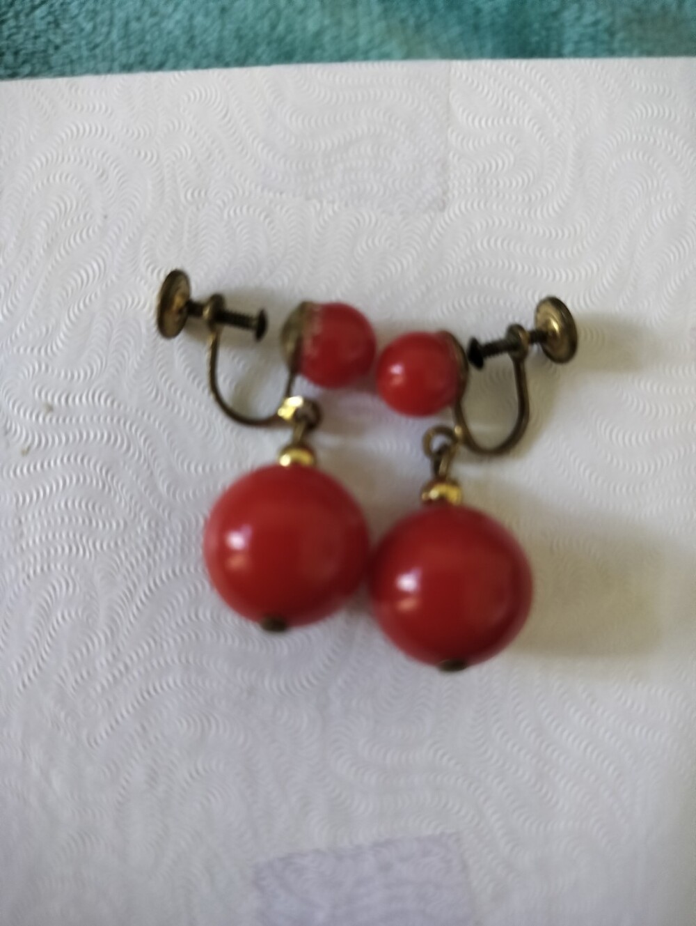 Vintage Art Deco Cherry Red Dangle Earrings - Mid-Century Brass Screw-Back 1"